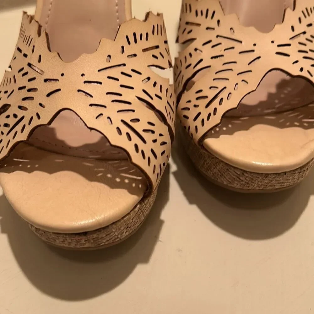 Top Moda Women's 10 Laser Cut Strappy Wedge Heel Beige Tan Neutral Coastal Beach
